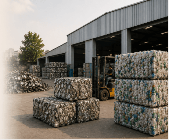 Mixed industrial scrap: metal pile and baled PET bottles outside a scrap facility